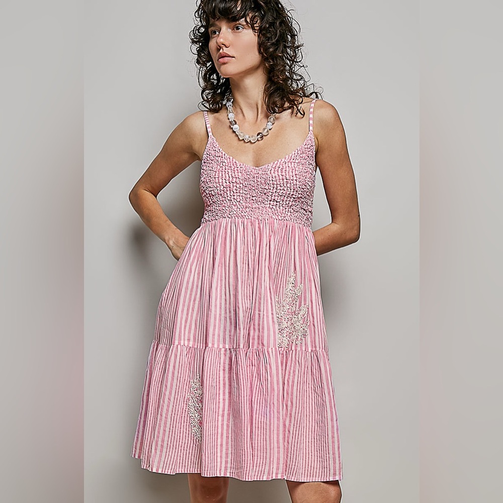 POL Pink Cotton Striped Smocked Sundress with Embroidery